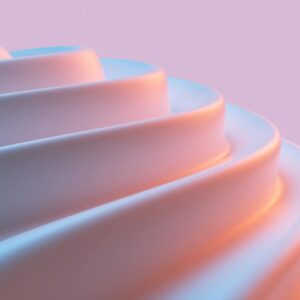 A close-up of abstract 3D wave forms in soft pink and blue hues, modern art style.