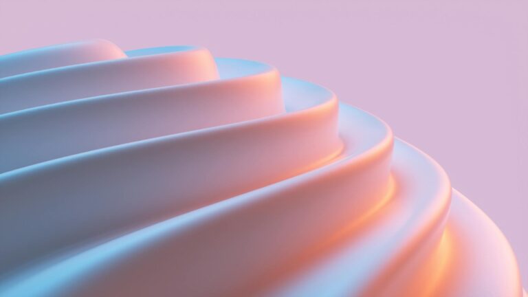 A close-up of abstract 3D wave forms in soft pink and blue hues, modern art style.