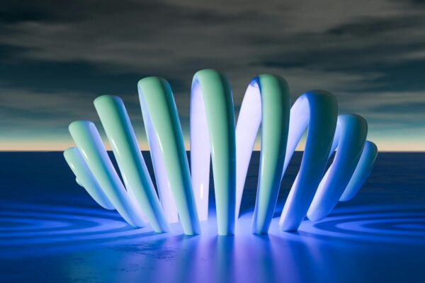 A vibrant 3D abstract sculpture with glowing lights against a twilight backdrop creates a surreal atmosphere.